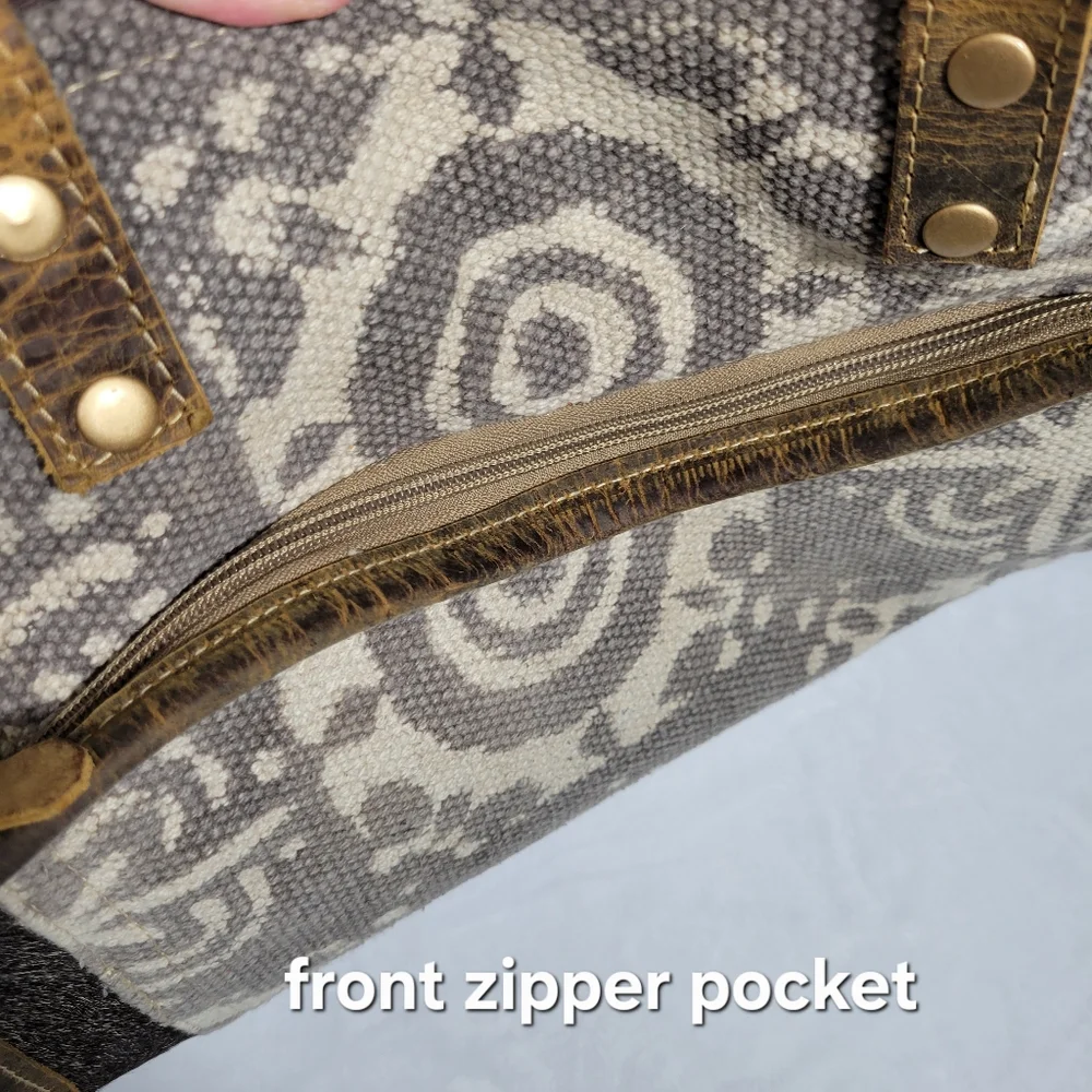 Myra EUC Ace Cowhide Canvas Messenger Bag Leather Straps Bohowestern Aztec Retro - Picture 7 of 16